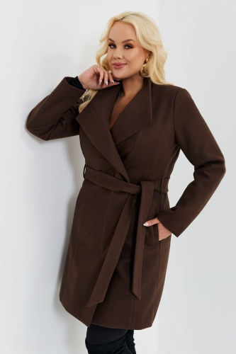 Płaszcz Edyta - brązowy, ocieplany z paskiem i klapkami 24945