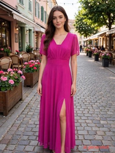 Sukienka fuksja długa szyfonowa z lekkim połyskiem - Kinga 40424