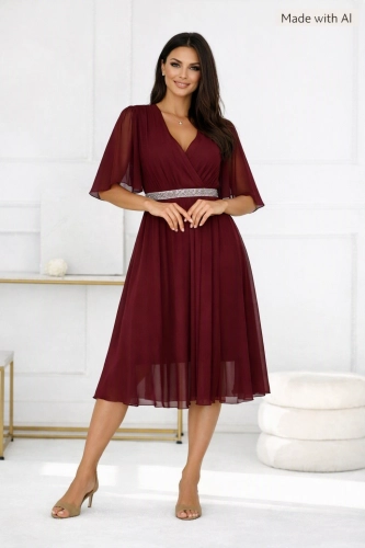 Sukienka Midi bordo - z siateczki z paskiem Reya 78782