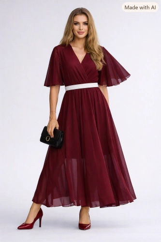 Sukienka Maxi bordo - z siateczki z paskiem Reya 84095